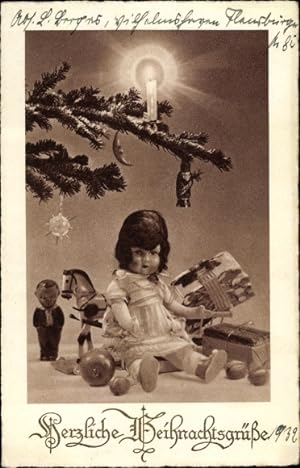 Ansichtskarte / Postkarte Glückwunsch Weihnachten, Tannenbaum, Spielzeuge, Puppe