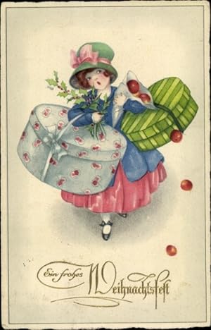 Ansichtskarte / Postkarte Frohe Weihnachten, Mädchen mit Geschenken, Stechpalmenzweig, Äpfel
