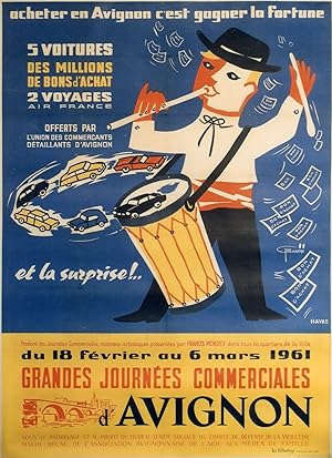"AVIGNON GRANDES JOURNÉES COMMERCIALES 1961" Affiche originale entoilée / Litho HAVAS / LA LITHOT...
