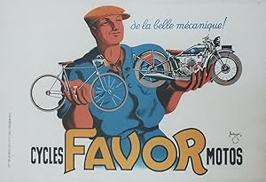 "CYCLES MOTOS FAVOR" Affiche originale entoilée 1937 / Litho P. BELLANGER / Etablissements DE LA ...