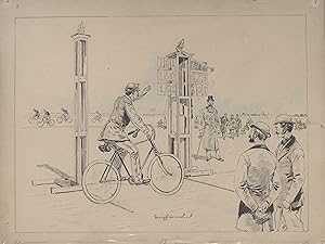 "COURSE CYCLISTE" Dessin de presse original encre de Chine par Georges CONRAD vers 1896