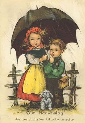 German Children & Poodle Dog Umbrella Disaster Weather Cute Postcard
