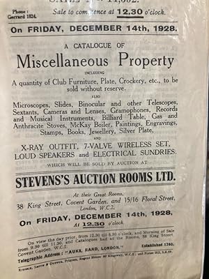 A Catalogue of Miscellaneous Property, Dec 14, 1928. including Microscopes, Slides, Binoculars an...