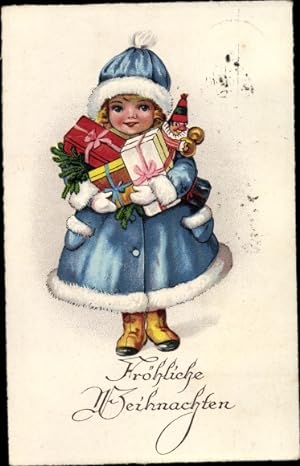 Ansichtskarte / Postkarte Glückwunsch Weihnachten, Mädchen im Wintermantel mit Geschenken
