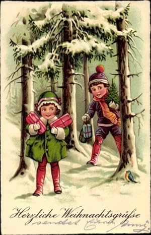 Ansichtskarte / Postkarte Glückwunsch Weihnachten, Kinder mit Geschenken und Tannenbaum