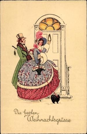 Ansichtskarte / Postkarte Glückwunsch Weihnachten, Elegantes Paar mit Geschenken vor einer Haustür