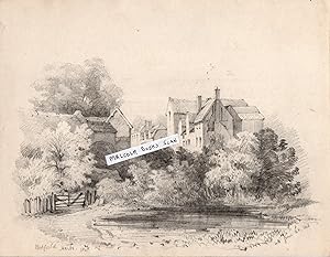 unique original pencil drawing, Old houses, river & dated Hatfield, Herts 1846 by G.H.