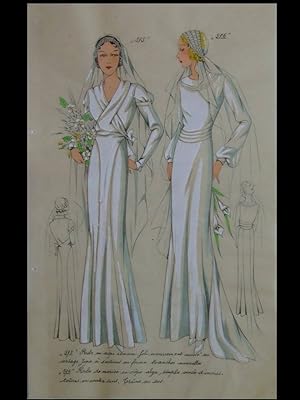 FRENCH ART DECO FASHION, WEDDING DRESSES, ROBES DE MARIEE - 1933 POCHOIR PRINT - LES CROQUIS DE P...