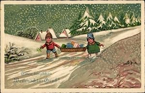 Ansichtskarte / Postkarte Frohe Weihnachten, Kinder mit Geschenken, Winterlandschaft