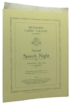 METHODIST LADIES' COLLEGE HAWTHORN ANNUAL SPEECH NIGHT: Melbourne Town Hall 11th December 1930