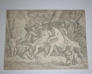 Mars and Venus seated in center surrounded by woods, with Cupids playing around them and caressin...
