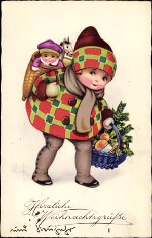 Ansichtskarte / Postkarte Glückwunsch Weihnachten, Mädchen mit Korb, Rückentrage, Puppe, Spielzeu...