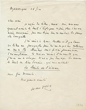 Jean GIONO à Eugène-Henri DULER lettre autographe signée Le Lait de l’oiseau
