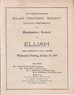 Fifty-Second Season Salem Oratorio Society- Eleventh Performance of Mendelssohn?s Oratorio of Eli...