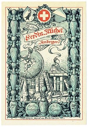 Ex-libris Ferdin. Michel Amberger, Zürich. Fritz Amberger s. l. Schwager. Weinflasche und Weingla...