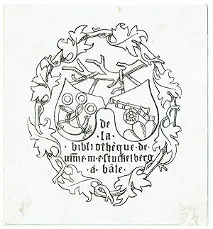 De la bibliothèque de mme. m. e. stuckelberg à bale. Allianzwappen an Aststück, von Ast mit Blätt...