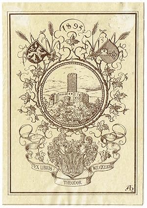 Ex libris Theodor Wilckens. Burgruine in zentralem kreisförm. Bildfeld, ringsum Rebranken u. Ähre...