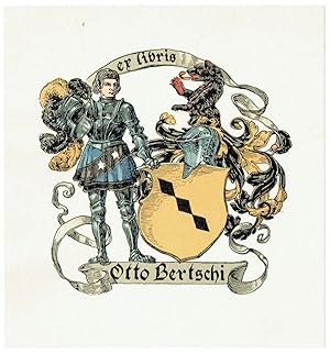 Ex libris Otto Bertschi. Eignerwappen. Links Ritter in Rüstung, oben Bärenfigur.