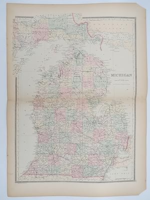 ORIGINAL 1888 HAND COLORED BRADLEY-MITCHELL MAP OF MICHIGAN 19" X 25"