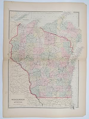 ORIGINAL 1888 HAND COLORED BRADLEY-MITCHELL MAP OF WISCONSIN & NORTHWESTERN MICHIGAN 19" X 25"