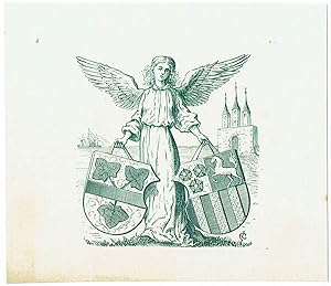 Zwei Wappen tragender Engel. Im Hintergrund ein Schiff und ein Gebäude mit drei Spitztürmen.