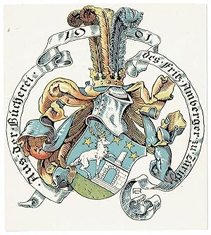 Aus der Bücherei des Fritz Amberger zu Zürich. Wappen (steigender Hirsch an Ruine unter vier Ster...