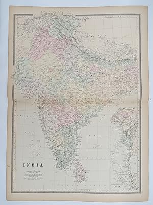 ORIGINAL 1888 HAND COLORED BRADLEY-MITCHELL MAP OF INDIA 19" X 25"