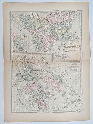ORIGINAL 1888 HAND COLORED BRADLEY-MITCHELL MAP OF TURKEY IN EUROPE & GREECE 19" X 25"