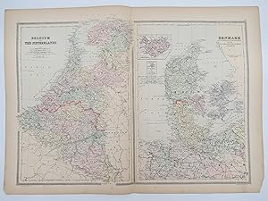 ORIGINAL 1888 HAND COLORED BRADLEY-MITCHELL MAP OF BELGIUM, THE NETHERLANDS & DENMARK 19" X 25"