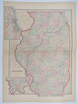 ORIGINAL 1888 HAND COLORED BRADLEY-MITCHELL MAP OF ILLINOIS 19" X 25"