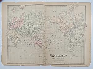 ORIGINAL 1888 HAND COLORED BRADLEY-MITCHELL MAP CHART WORLD ON MERCATORS PROJECTION 19" X 25"
