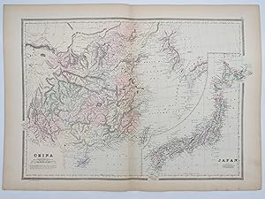ORIGINAL 1888 HAND COLORED BRADLEY-MITCHELL MAP OF CHINA & JAPAN 19" X 25"