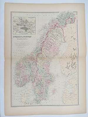ORIGINAL 1888 HAND COLORED BRADLEY-MITCHELL MAP OF SWEDEN & NORWAY, SCANDINAVIA 19" X 25"