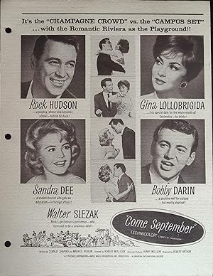 Come September Campaign Sheet 1961 Rock Hudson, Gina Lollobrigida