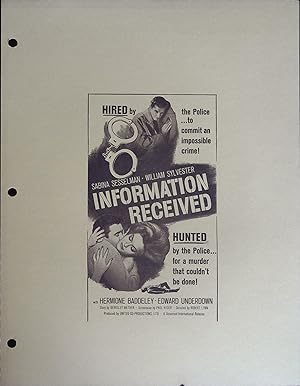 Information Recieved Campaign Sheet 1962 Sabina Sesselman, William Sylvester