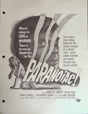 Paranoiac Campaign Sheet 1963 Janette Scott, Oliver Reed