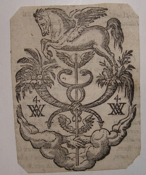 Printer's mark of the heirs of Andreas Wechel in Frankfurt am Main; Pegasus over a caduceus with ...