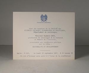 Raymond Aron. Carton d'invitation pour une conférence, Rationalité et Développement, à l'Universi...