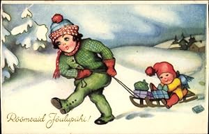 Ansichtskarte / Postkarte Glückwunsch Weihnachten, Kinder mit Geschenken und Schlitten