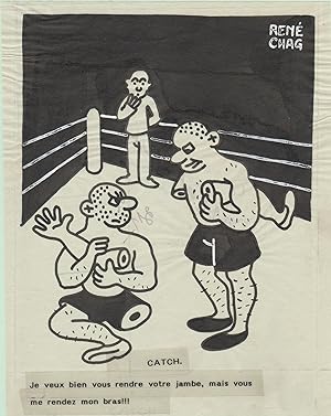 "CATCH" Dessin de presse à l'encre de Chine sur papier calque par René CHAG (1944)