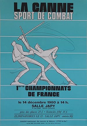 "LA CANNE SPORT DE COMBAT / 1ers CHAMPIONNATS DE FRANCE 1980 SALLE JAPY Paris" Affiche originale ...
