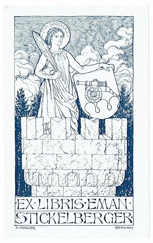 Ex libris Eman Stickelberger. Auf Turm stehende Sta. Barbara, Wappenschild (Kanone) haltend.