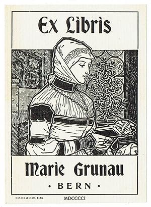 Ex Libris Marie Grunau, Bern. Mittelalterlich gekleidete Lesende (Halbfigur).