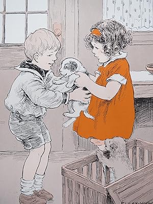 VINTAGE CHILDREN & PUPPIES FROM FOUR-YEAR-OLD'S STORY-BOOK COLOR PRINT