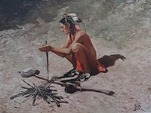 VINTAGE NATIVE AMERICAN INDIAN STARTING FIRE COLOR PRINT