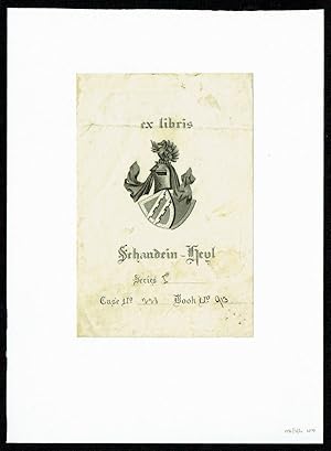 Ex libris Schandein-Heyl. Wappen mit zwei gezähnten Diagonalbalken; darüber steigendes Pferd als ...