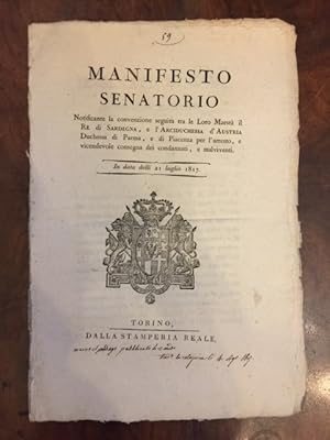 Manifesto Senatorio notificante la convenzione seguita tra le Loro Maestà il Re di Sardegna, e l'...