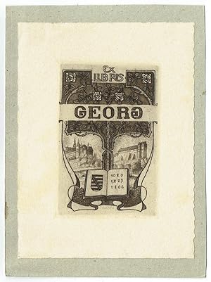 Ex libris Georg [= Georg Prinz von Wettin, Sohn König Friedrich August II.]. Offenes Buch mit Wap...