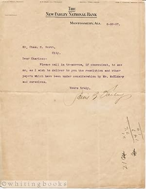 1907 Letterhead from New Farley National Bank in Montgomery, Alabama, Signed Farley, Pres.