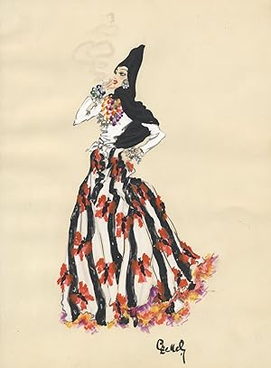 Original costume/fashion design in gouache and watercolor of a woman with flowing black hair, smo...
